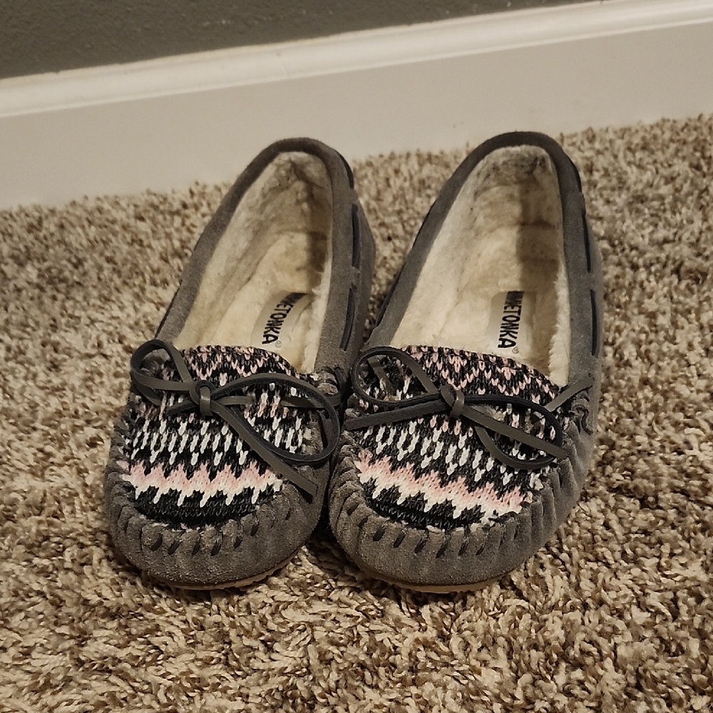 Gray and Pink Knit Moccasin Slippers